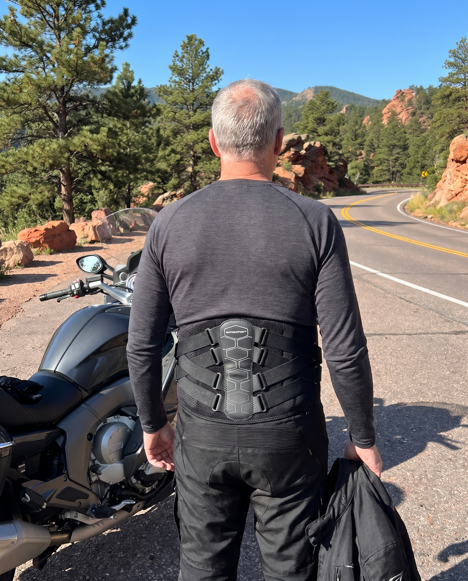 MotoSupport worn at the waist, seen from behind, next to a motorcycle on a mountain road