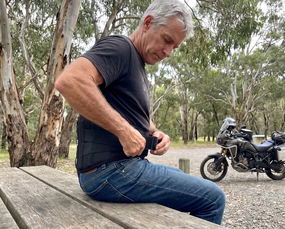 Rider fastening MotoSupport at a rest stop