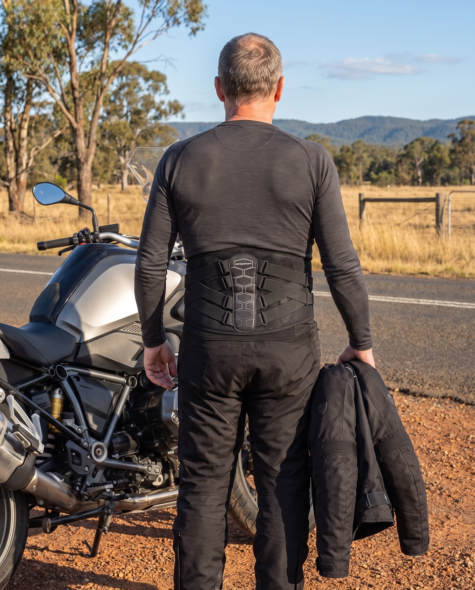Rider beside the motorcycle wearing MotoSupport, seen from behind