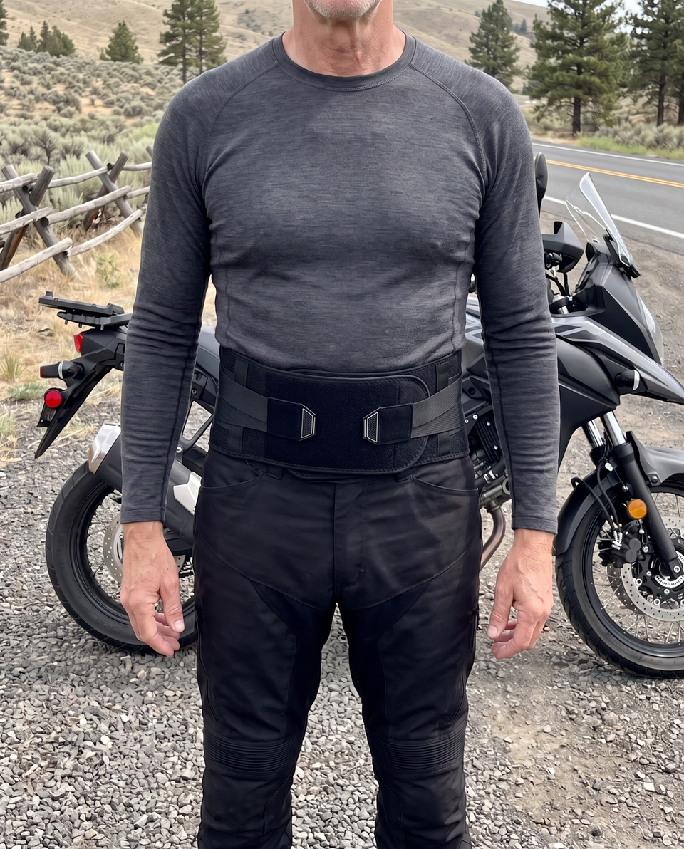 MotoSupport fastened at the front, worn over a base layer next to a motorcycle