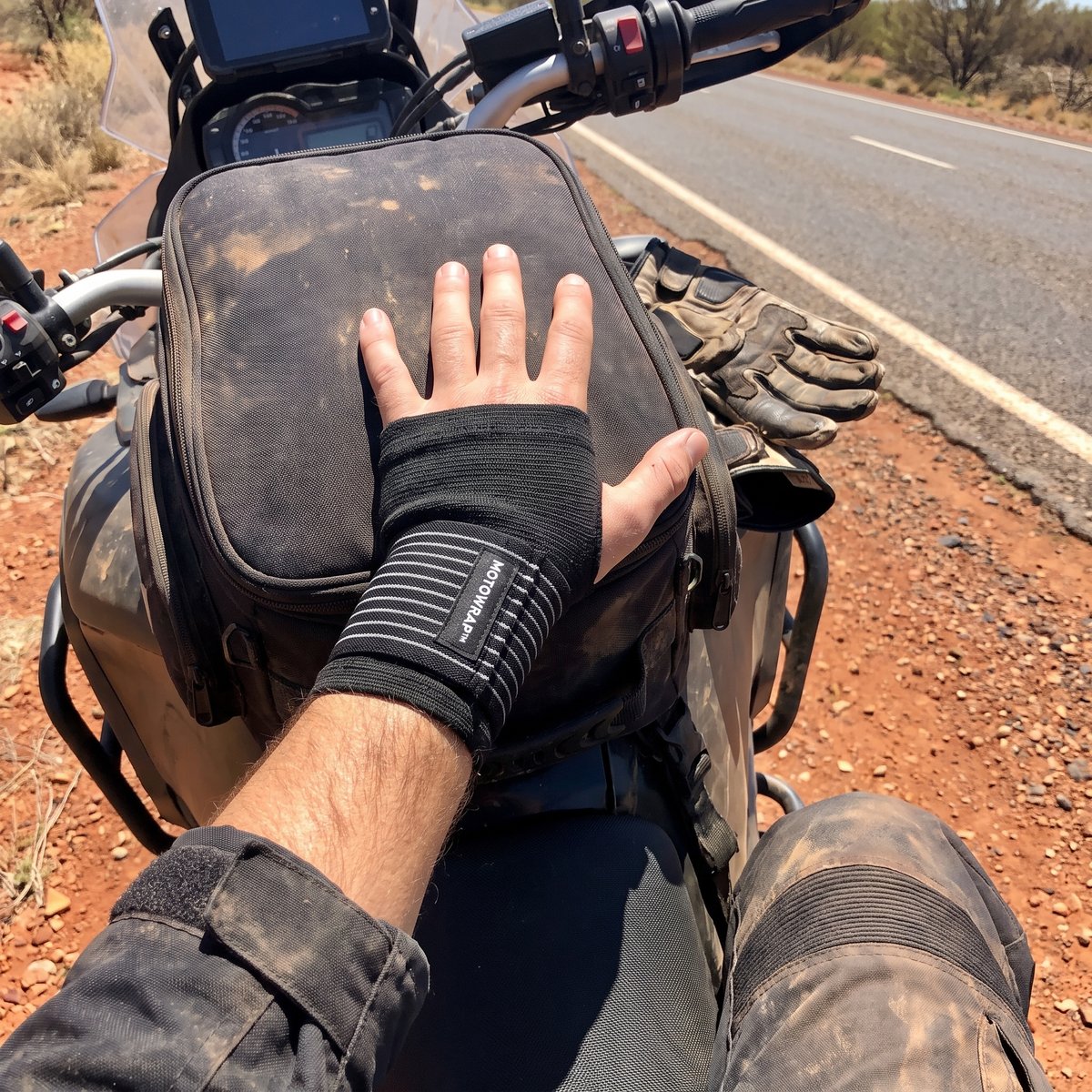 MotoWrap wrist support on a rider's hand resting on his tank bag beside an outback highway