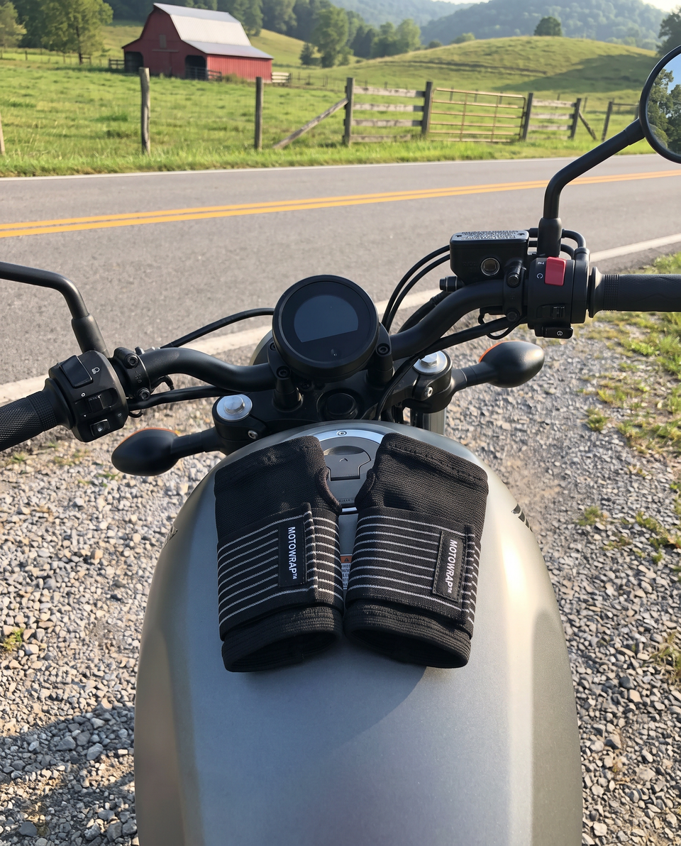 A pair of MotoWrap wrist supports on a motorcycle tank