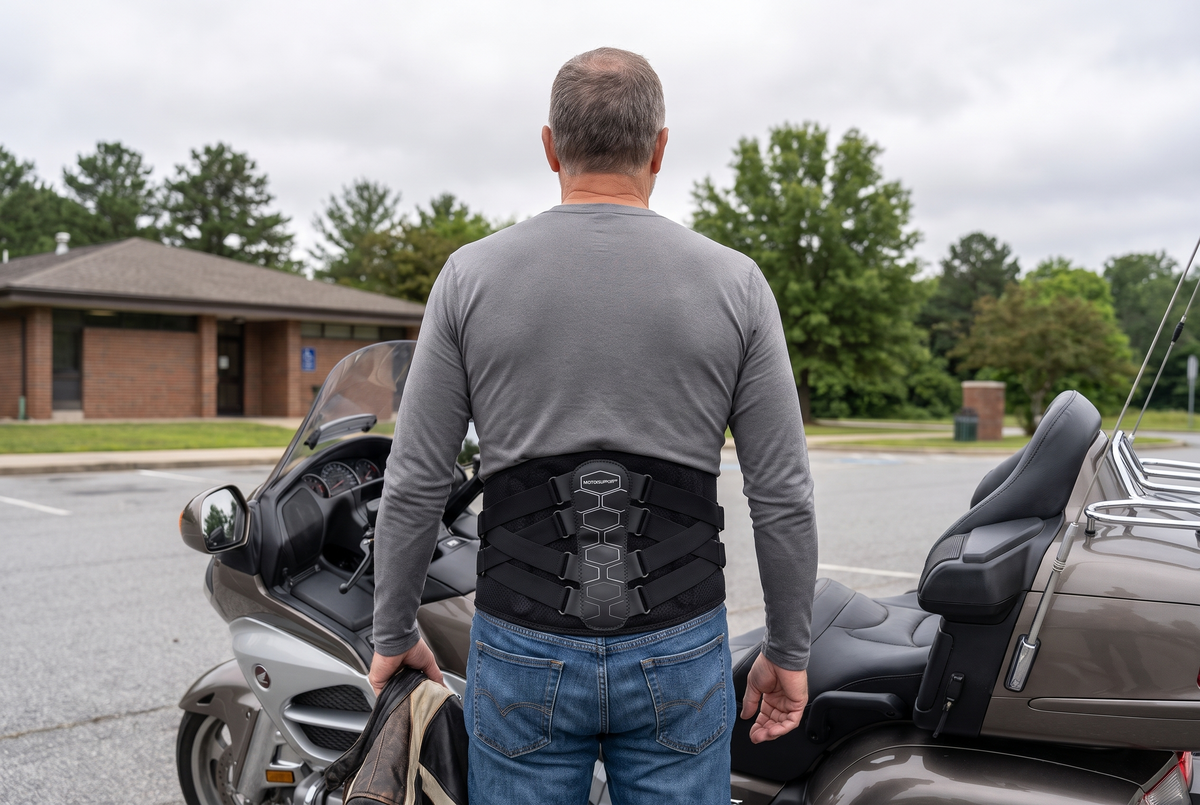 Rider at a rest area wearing MotoSupport around his lower back