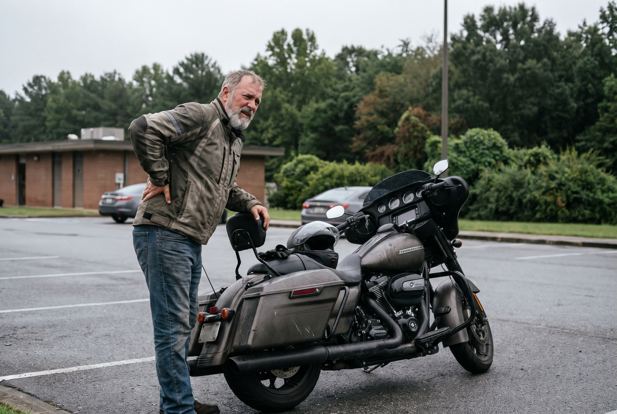 Rider stretching his lower back at a highway rest area