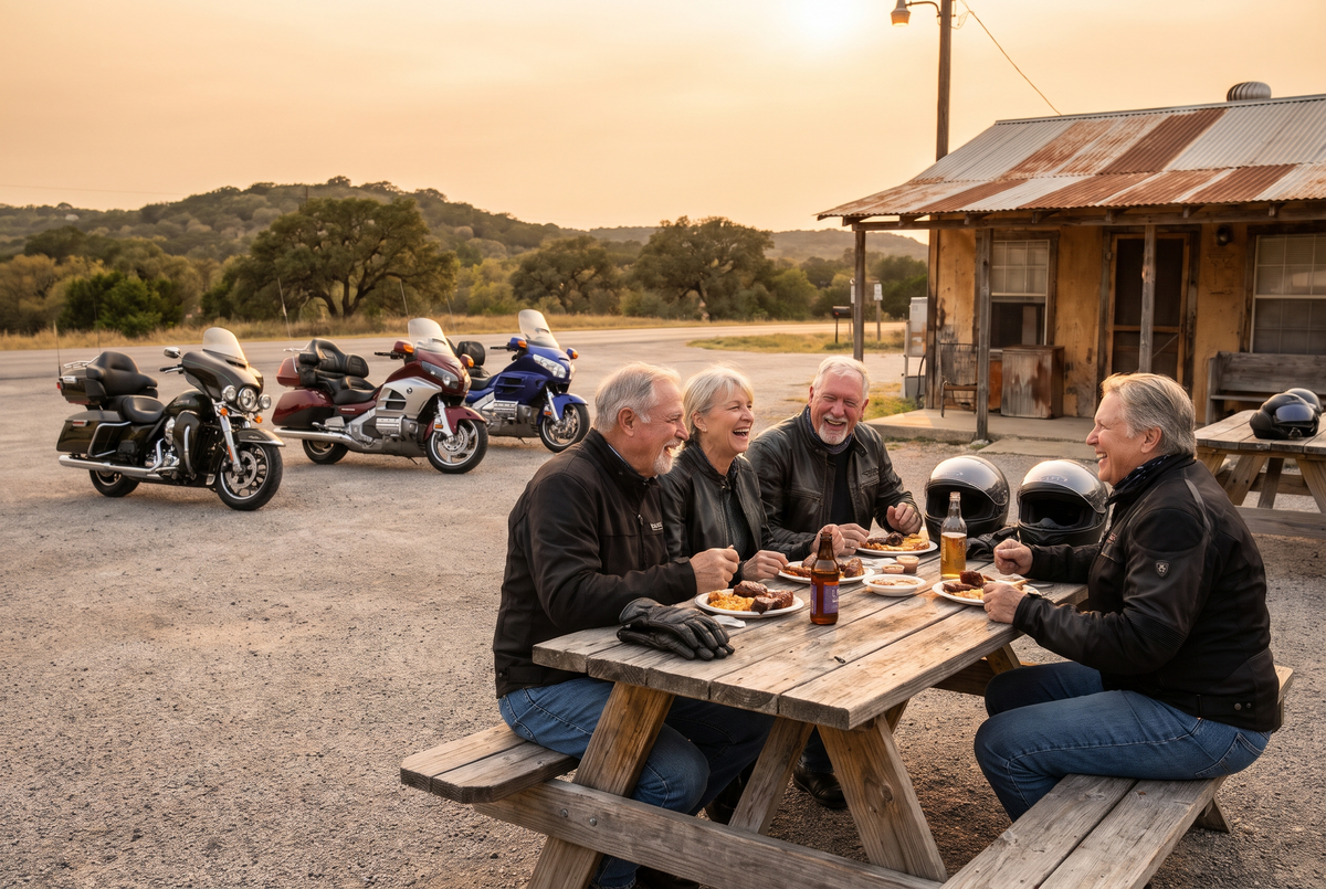 Riders laughing at a picnic table